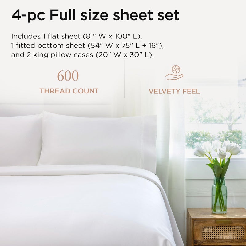 Threadmill 100% Cotton Sheets for Full Size Bed - 600 Thread Count Full Bed Sheets Set with 16â€ Deep Pocket - Sateen Weave 4-Piece Bedding Set with Cooling Effect, White - Image 2